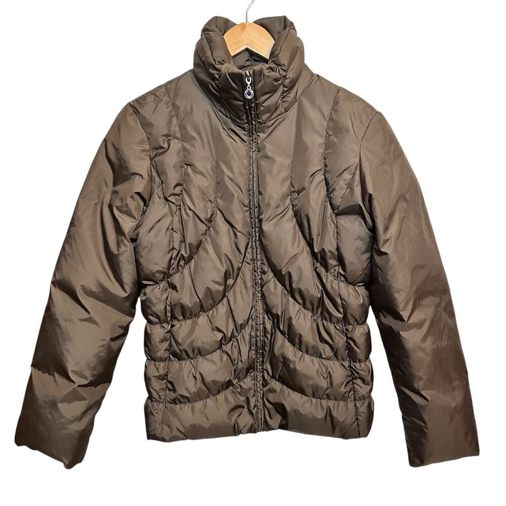 Nine West Deep Brown Puffer Down Jacket Full Zip High Collar Size L